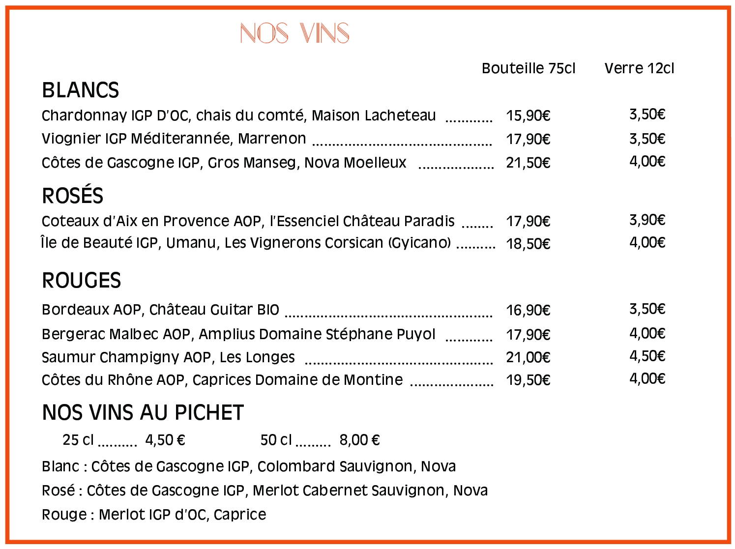 Carte des vins Restaurant L'exception